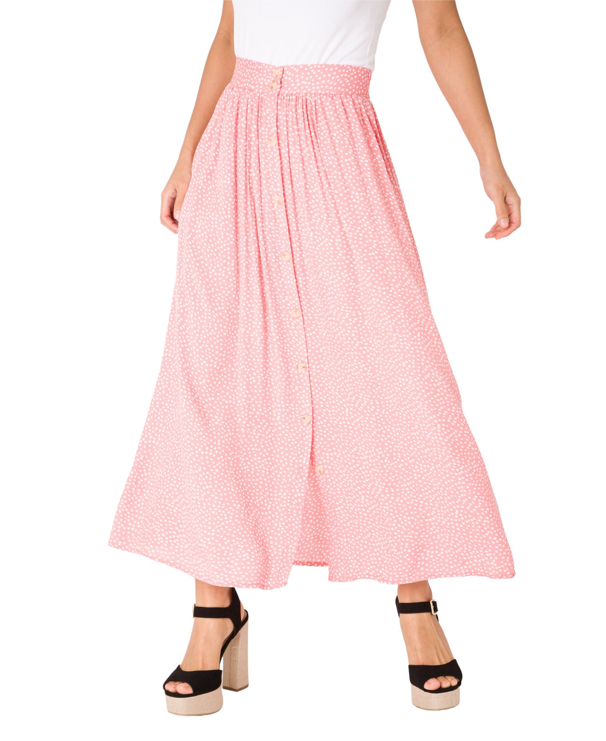 KRISP Button Front Polka Dot Midi Skirt (11097)